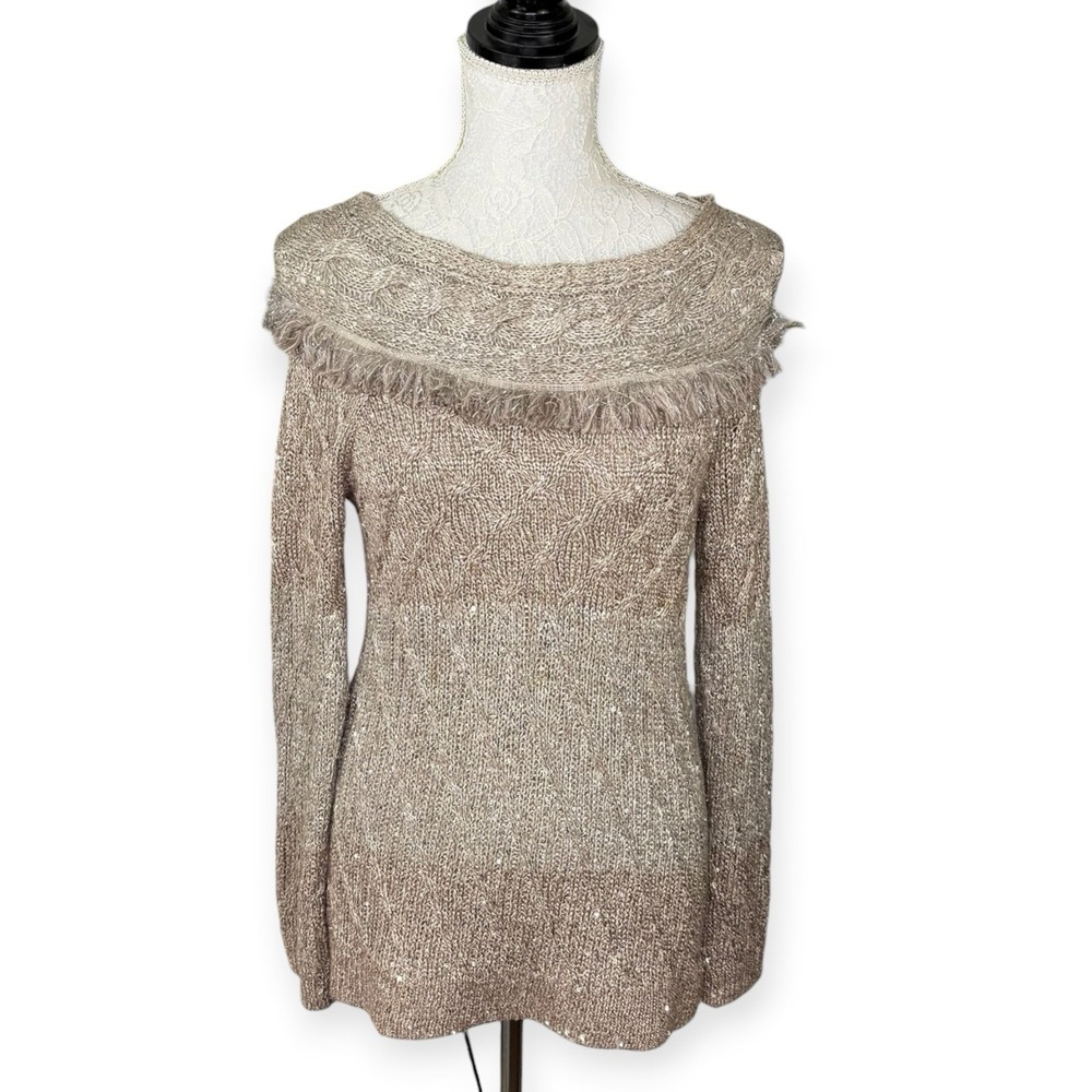 WHBM Boat Neck Fringe Sequin Metallic Sweater XS Mob Wife Glam Holiday VGC